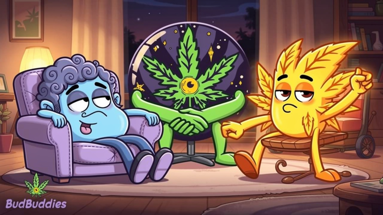 Cartoon characters representing indica, sativa and hybrid cannabis strain effects