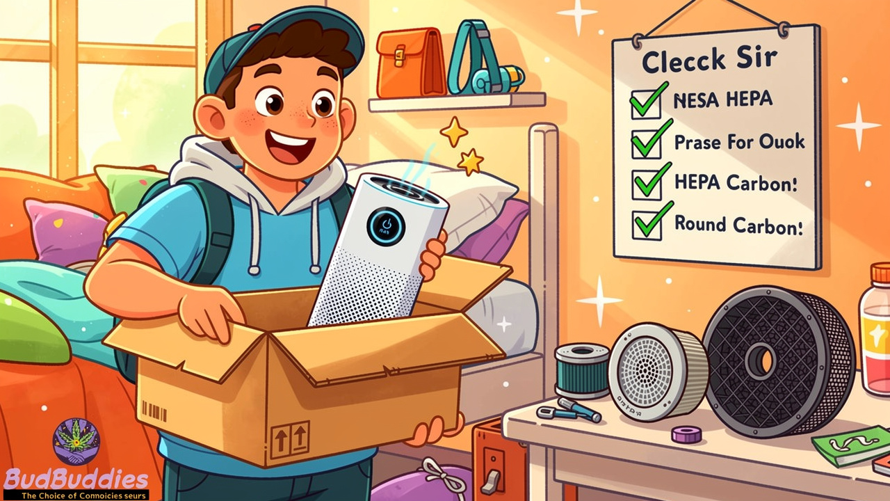 Cartoon student packing air purifier with filter replacement checklist