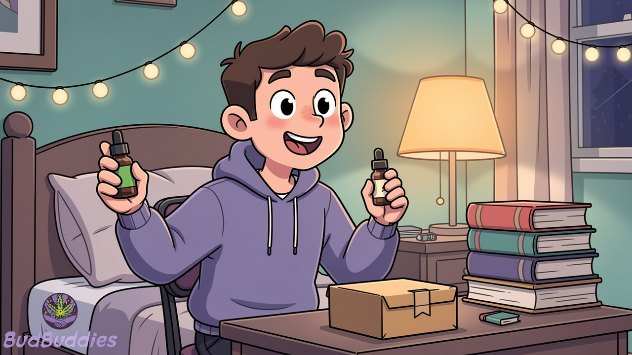 Cartoon student receiving discreet cannabis product delivery in student room