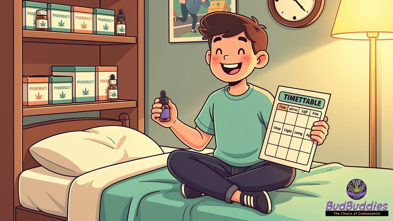 Cartoon student planning cannabis dosing schedule in dorm room