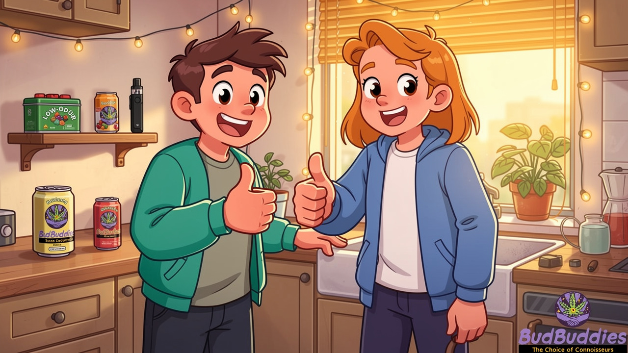 Cartoon students sharing accommodation with discreet cannabis products