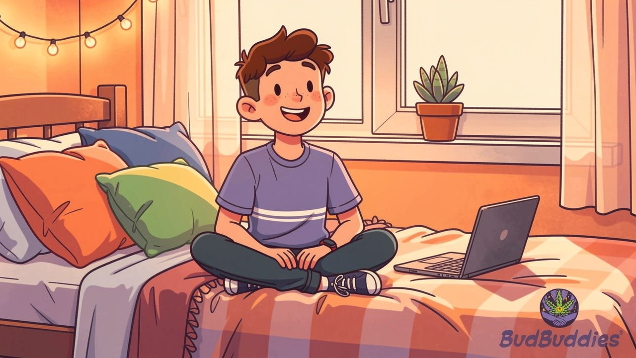 Happy student relaxing in cosy dorm room with fairy lights