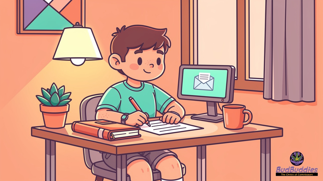 Cartoon student calmly writing a formal complaint email about room entry