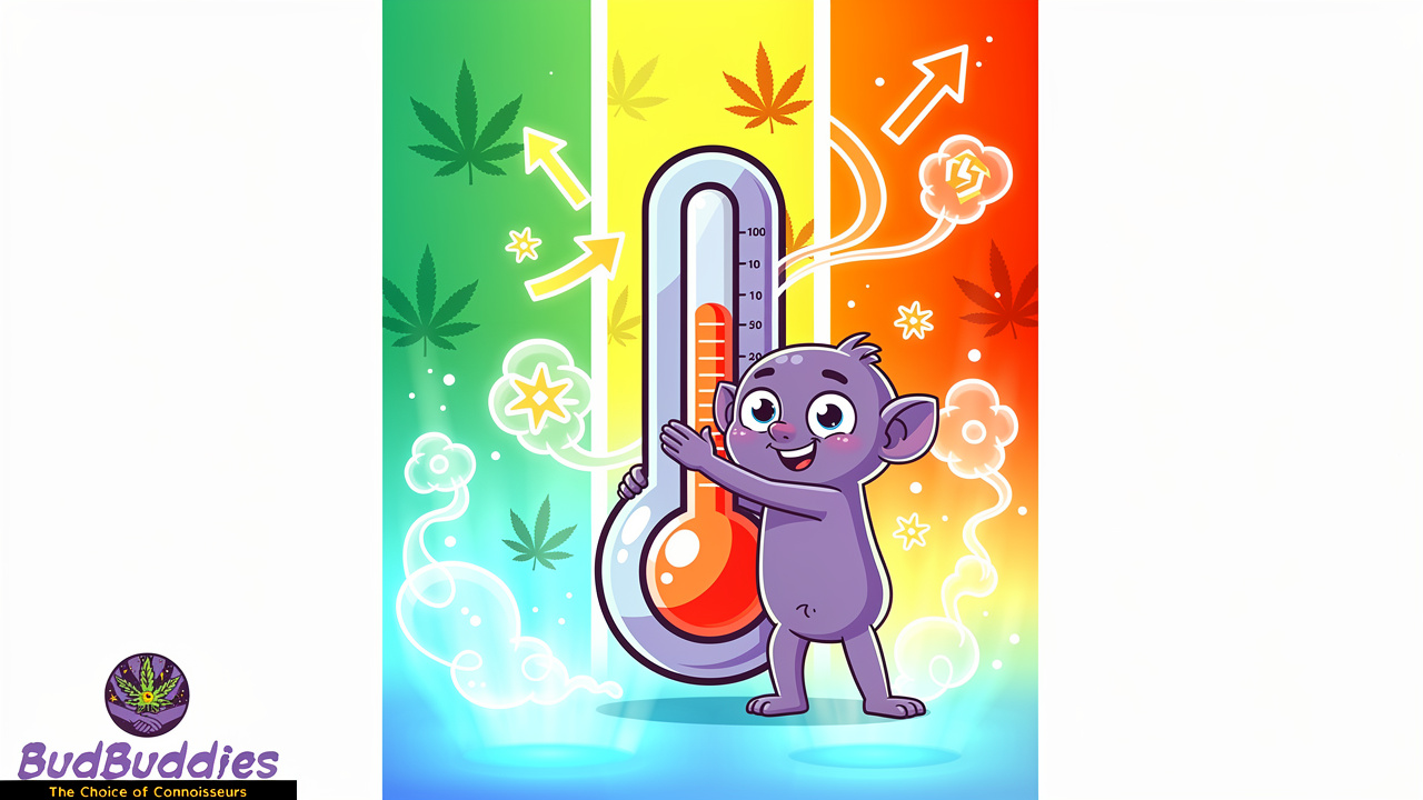 Cartoon illustration of three cannabis vape temperature settings with colour zones