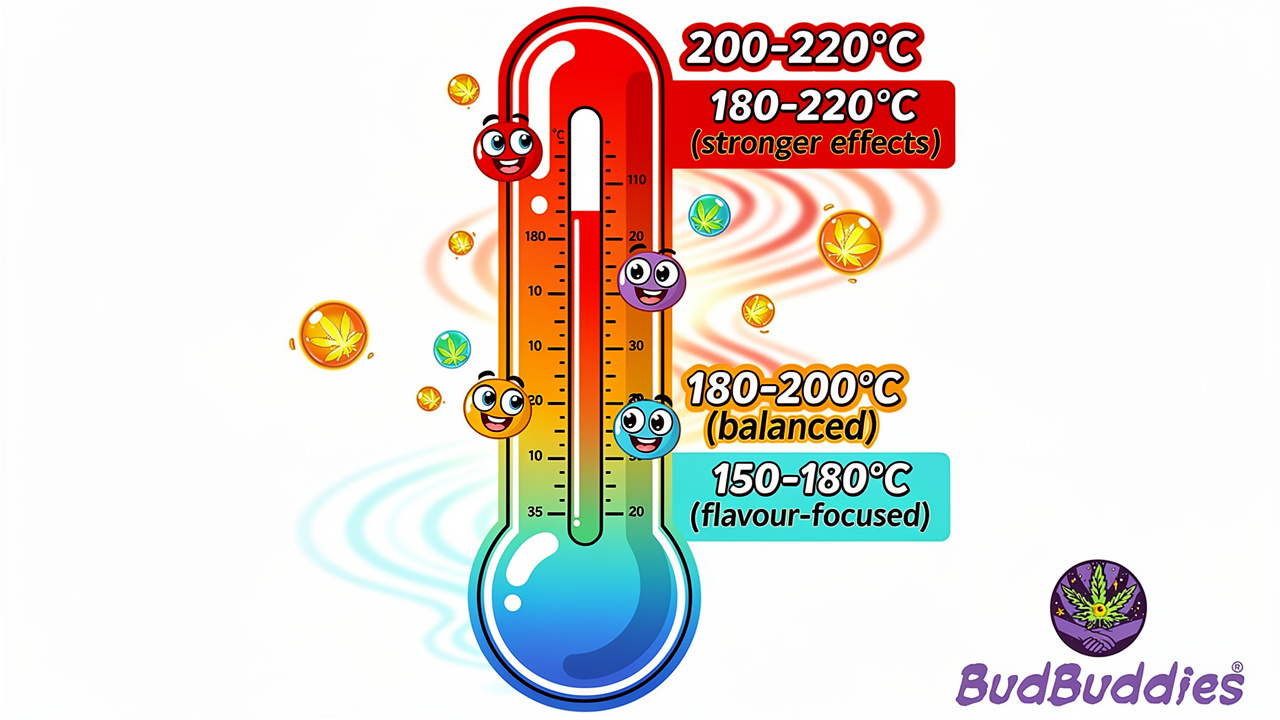 Colourful cartoon temperature guide showing ideal vaporising temperature ranges