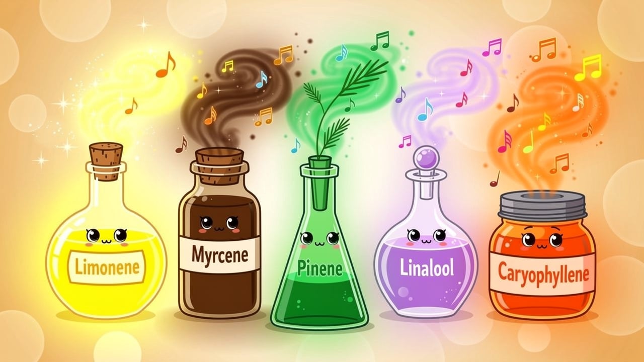 Colourful cartoon terpene jars with aromatic musical swirls