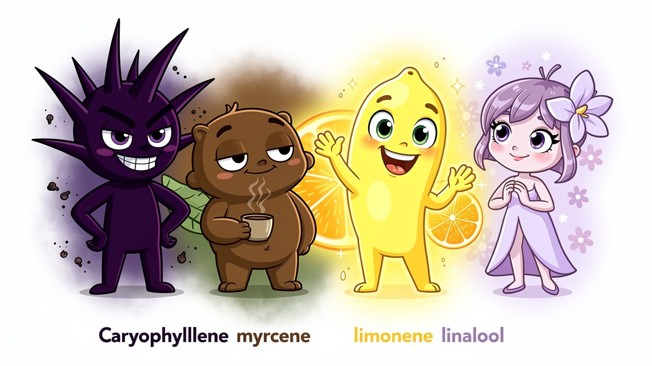 Cartoon terpene characters representing key cannabis compounds