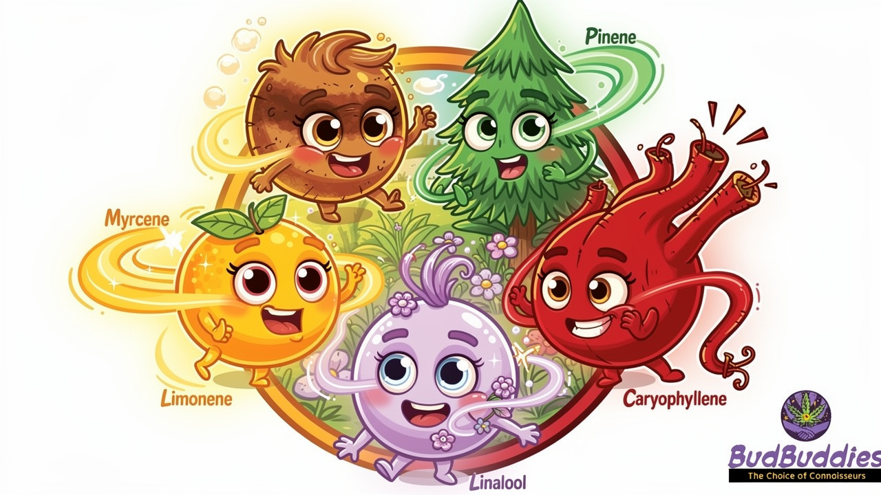 Friendly cartoon characters representing different cannabis terpenes working together