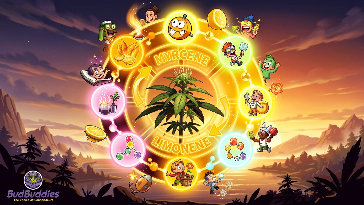 Animated terpene profiles illustrated as glowing spectrum nodes