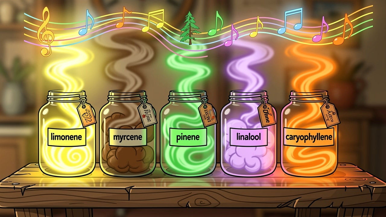 Colourful cartoon terpene jars with aromatic musical swirls
