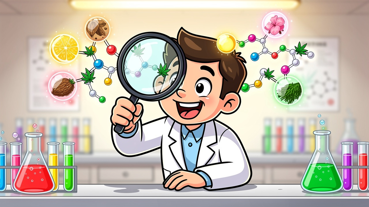 Cartoon scientist examining terpene and cannabinoid molecules colourfully