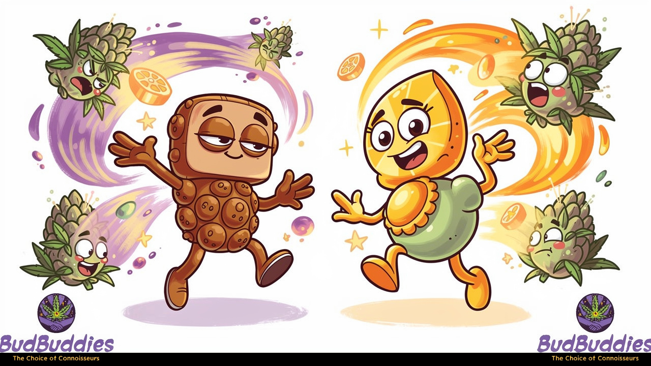 Cartoon terpene characters showing flavour and effects in cannabis