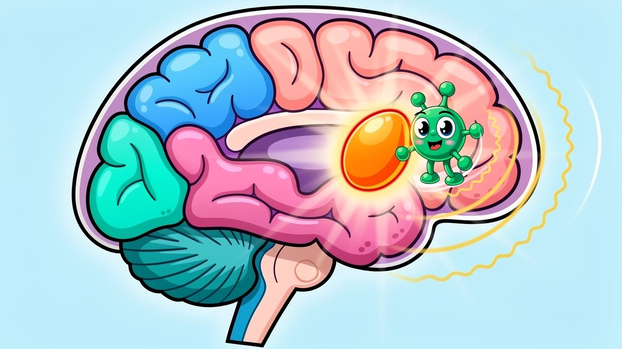 Cartoon illustration of THC affecting the brain's amygdala region