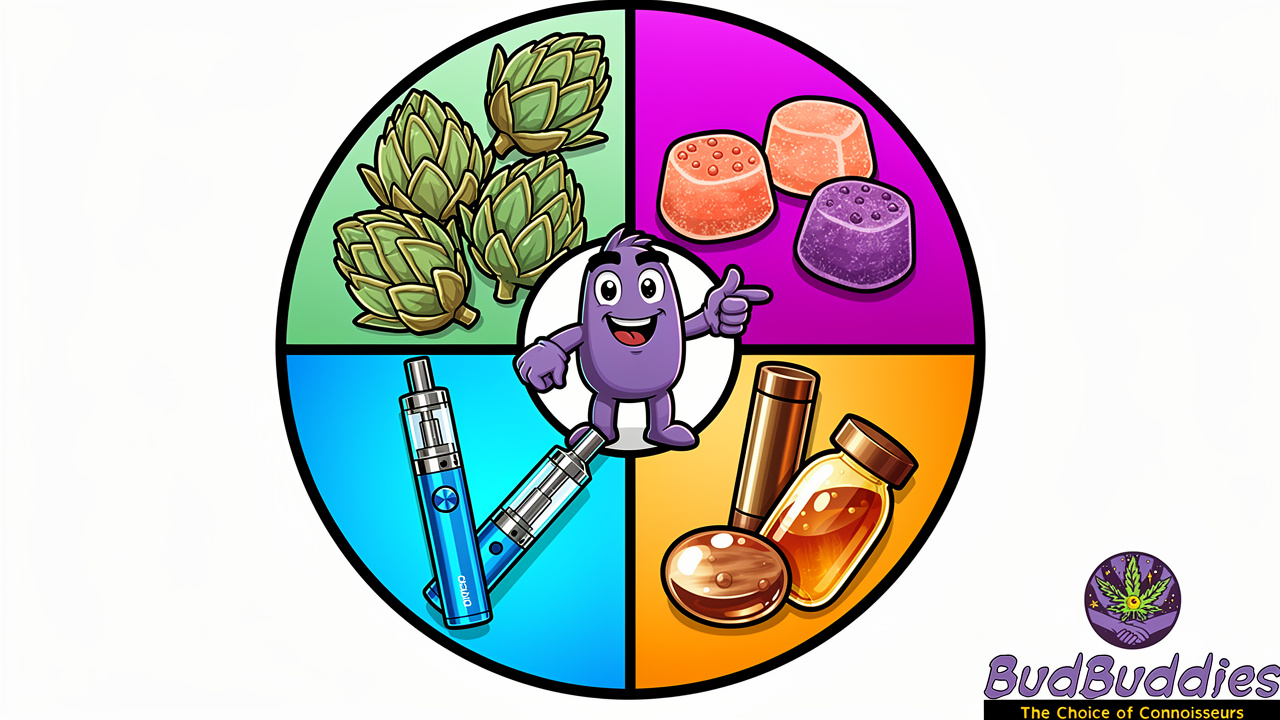 Five cartoon product categories arranged in colourful circular design