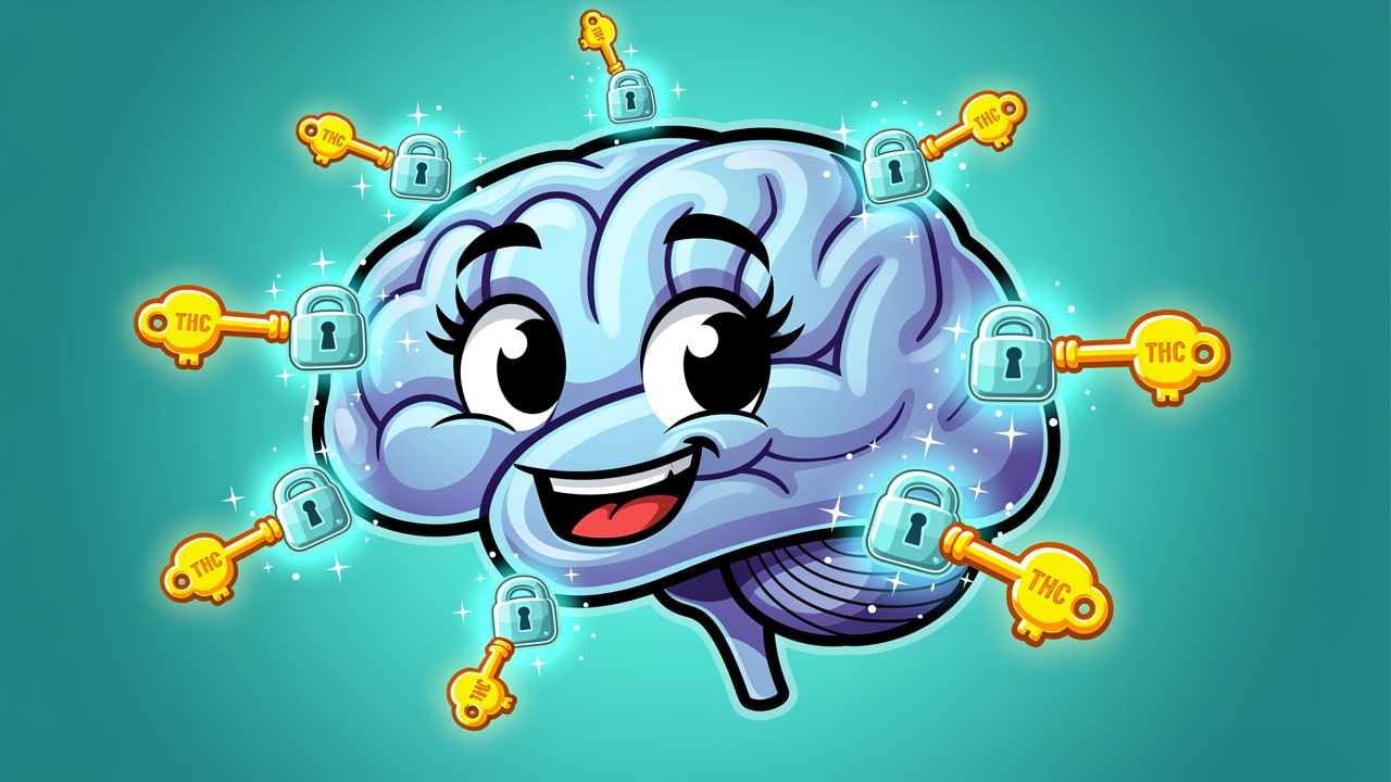 Cartoon brain with THC molecules binding to CB1 receptors