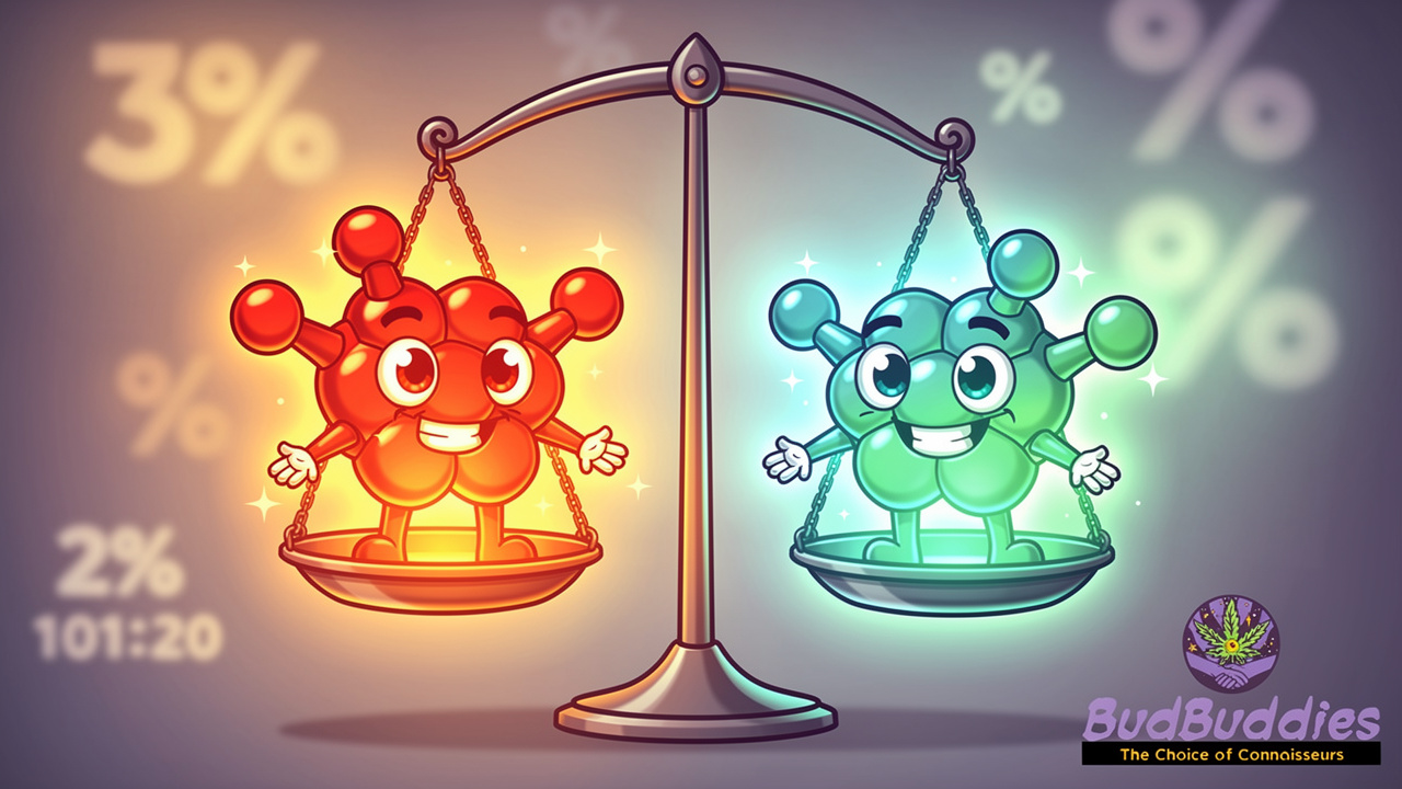 Cartoon molecules showing THC and CBD balance in cannabis potency