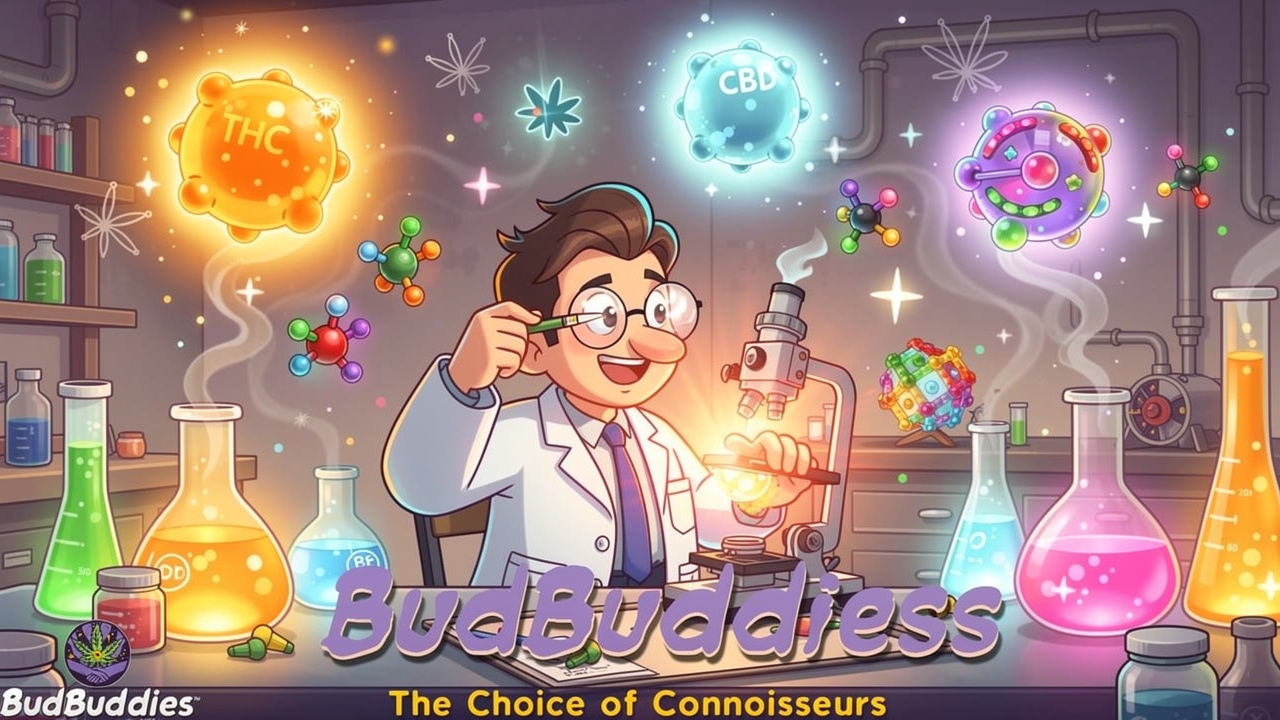Cartoon scientist surrounded by colourful THC, CBD, and terpene molecules