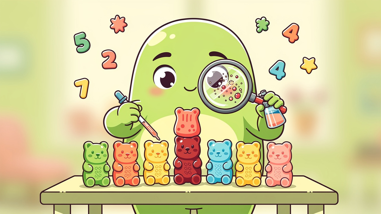 Cartoon character carefully measuring THC spray and gummy doses