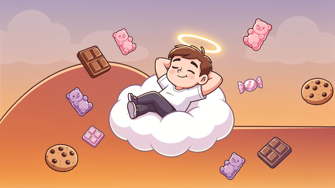 Cartoon character relaxing on cloud surrounded by edible treats