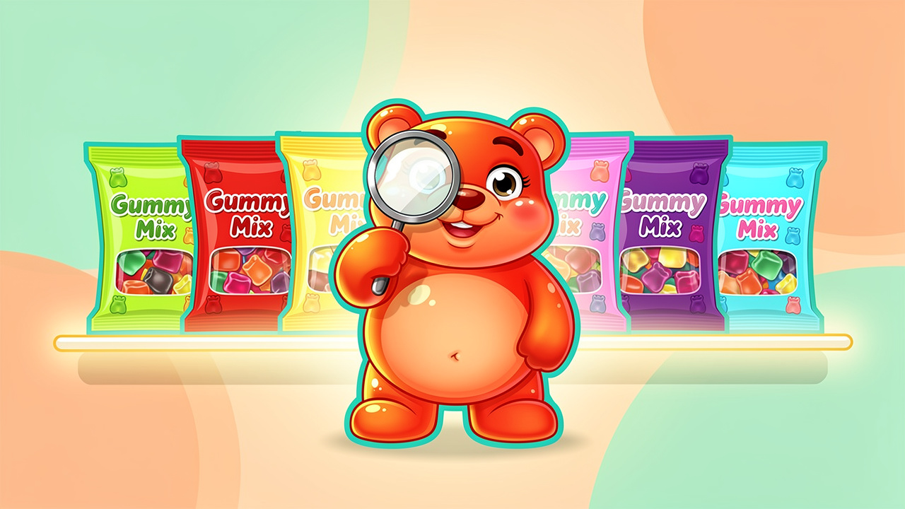 Cartoon character selecting high-quality lab-tested THC gummies