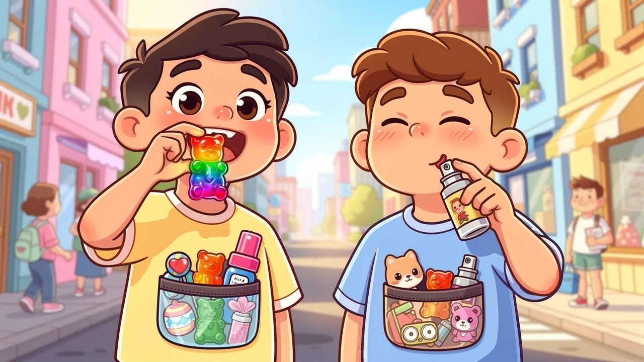 Cartoon characters using THC gummies and spray discreetly outdoors