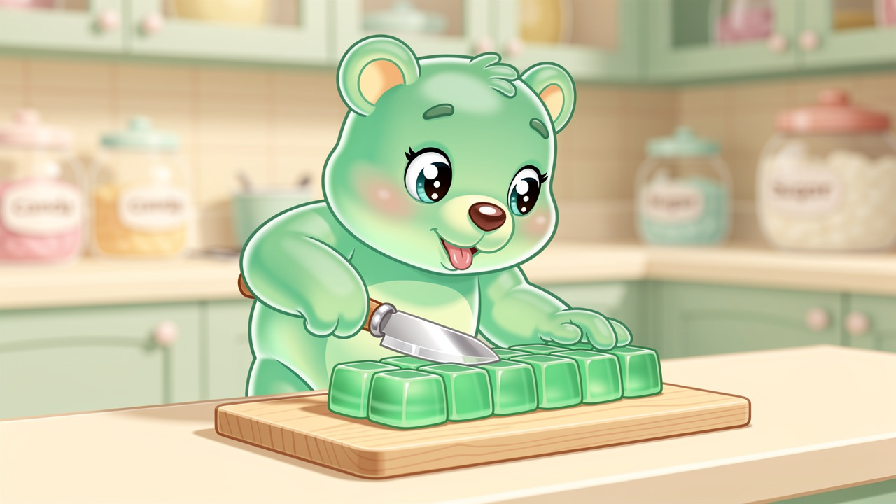 Cartoon character carefully cutting THC gummy into small pieces