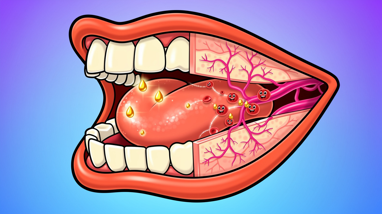 Cartoon diagram showing THC absorption through the mouth lining