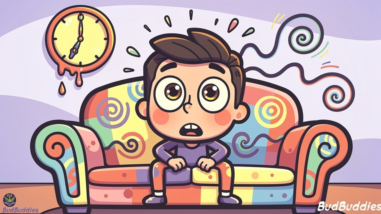 Cartoon character experiencing dizziness from too many edibles