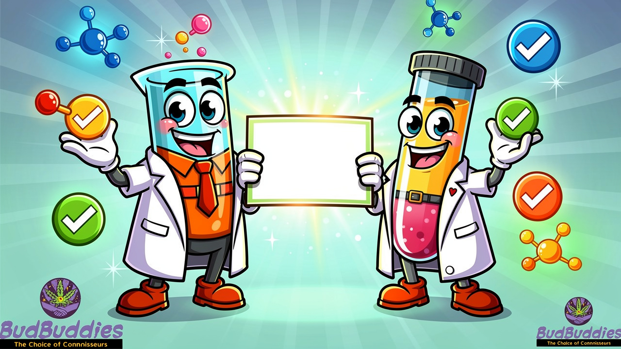 Cartoon laboratory characters celebrating verified THC testing results