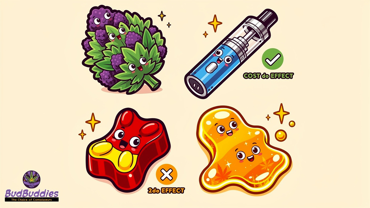Four cartoon THC product formats with distinctive colours