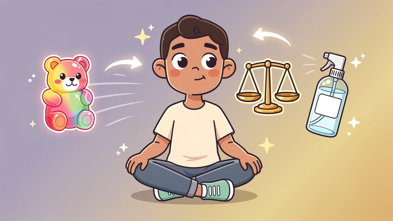 Cartoon character calmly choosing between THC spray and gummies