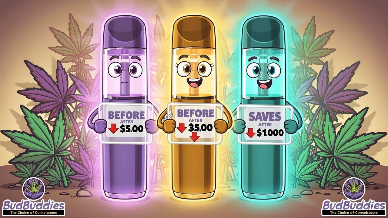 Three cartoon vape characters displaying savings with price tags
