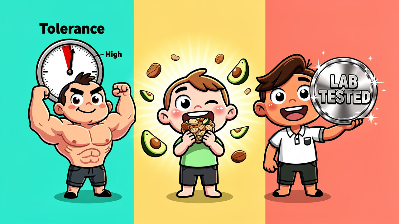 Cartoon trio showing tolerance food and product quality