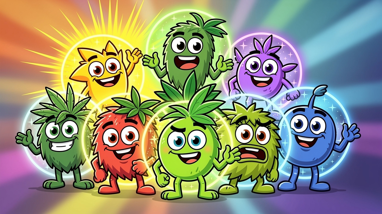 Cartoon lineup of top cannabis strains for gaming