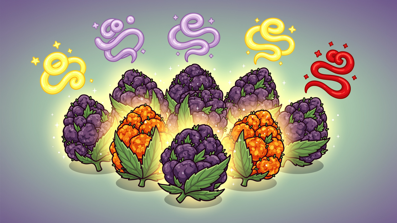 Colourful cartoon cannabis buds with terpene aroma swirls