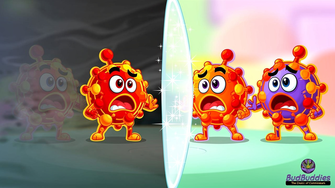 Animated toxin characters blocked by protective barrier in colourful illustration