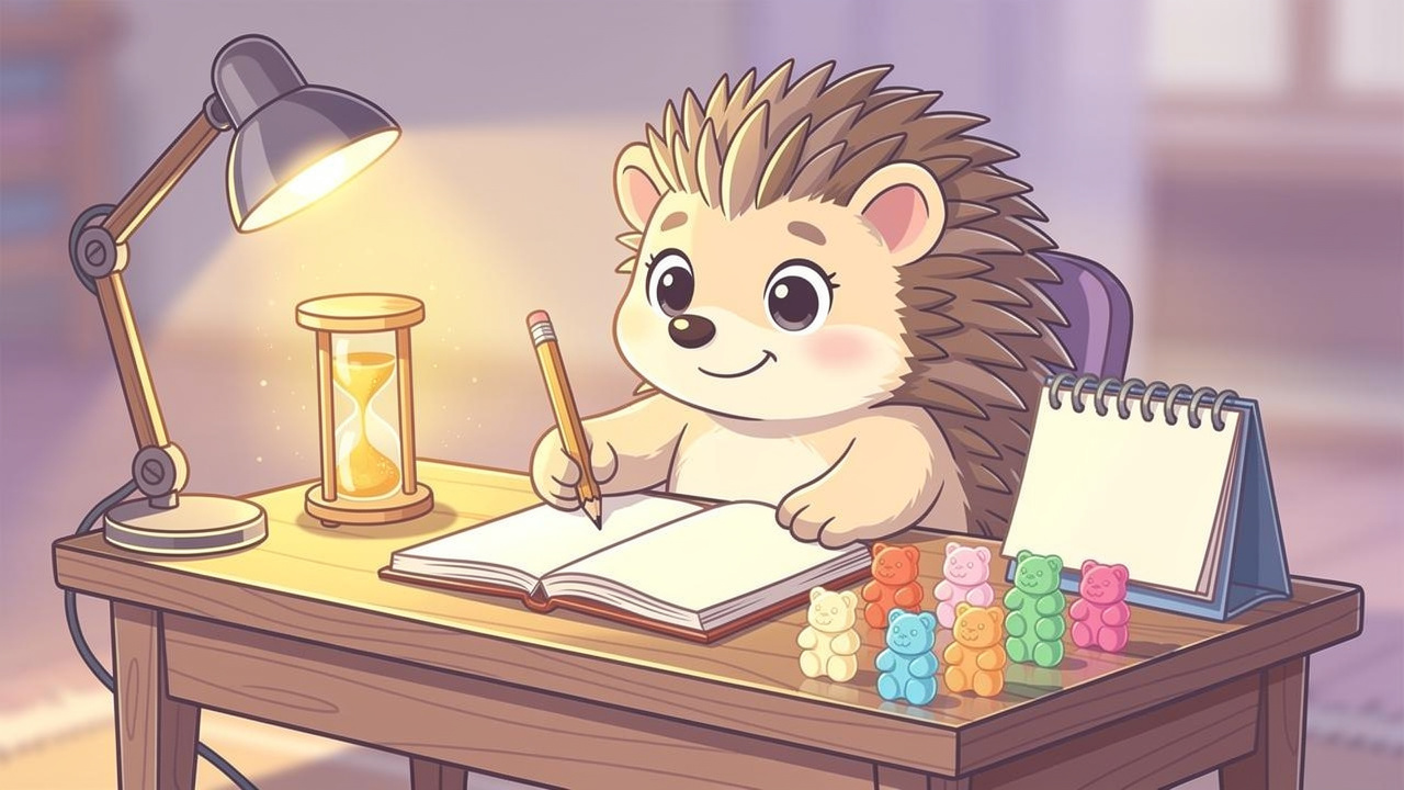 Cartoon hedgehog tracking edible dose in a notebook