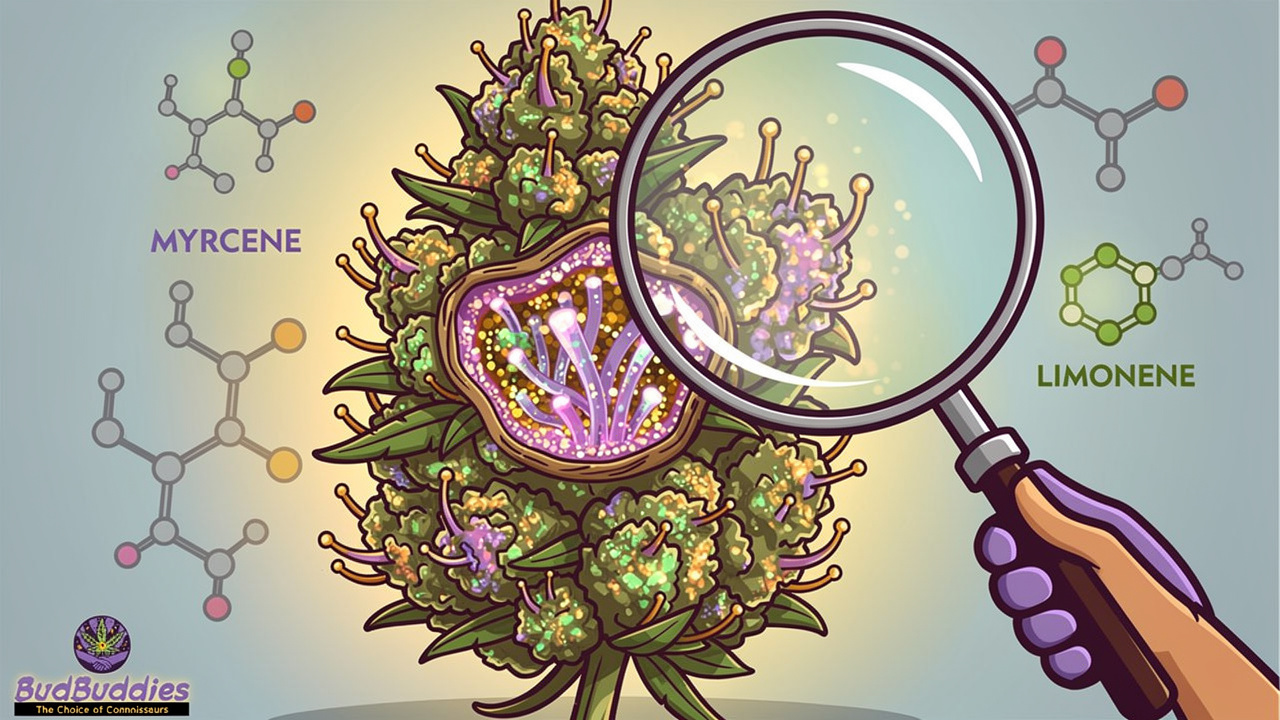 Animated cross-section revealing trichomes and terpene complexity