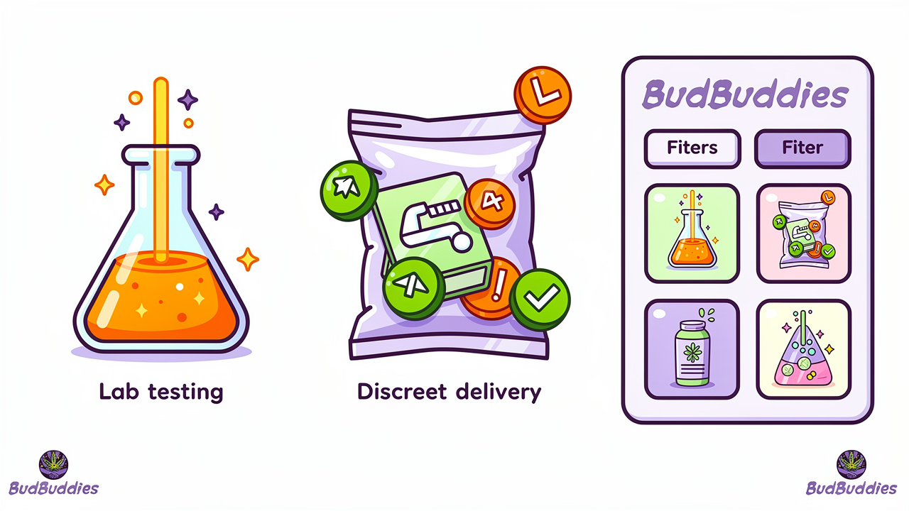 Cartoon icons showing lab testing, delivery packaging, and menu browsing elements