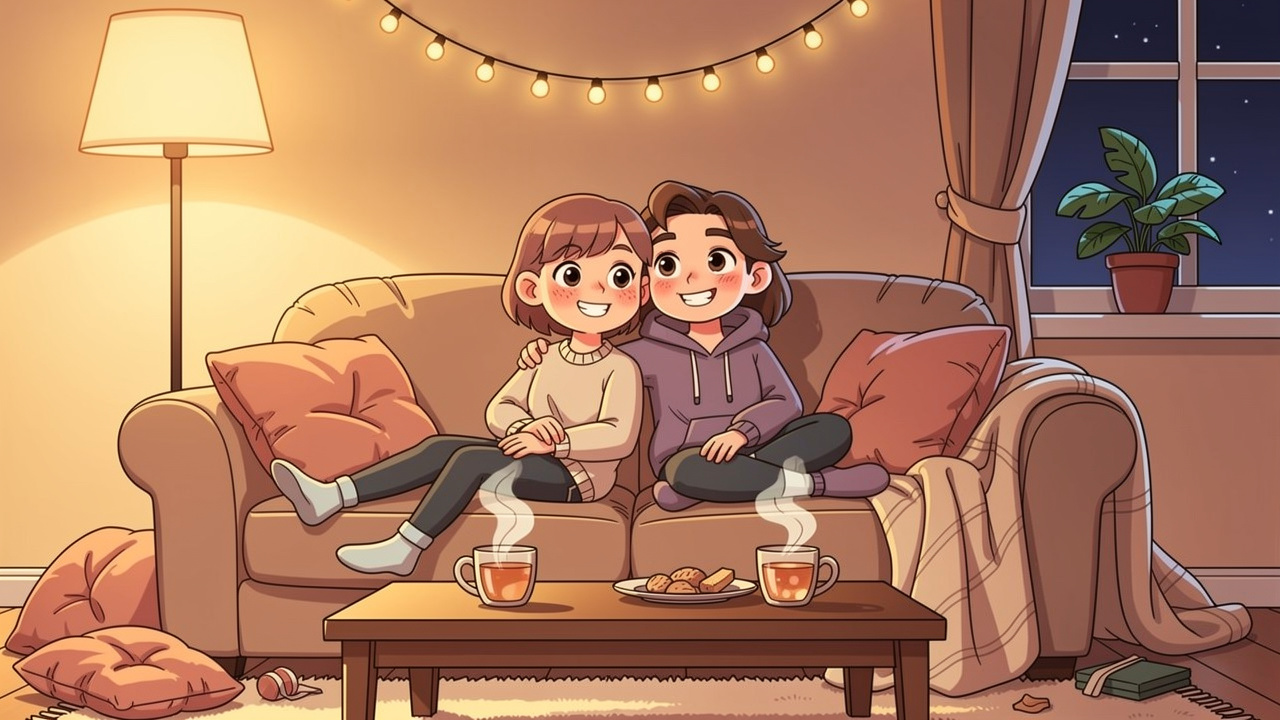 Two cartoon friends in cosy room enjoying calm session