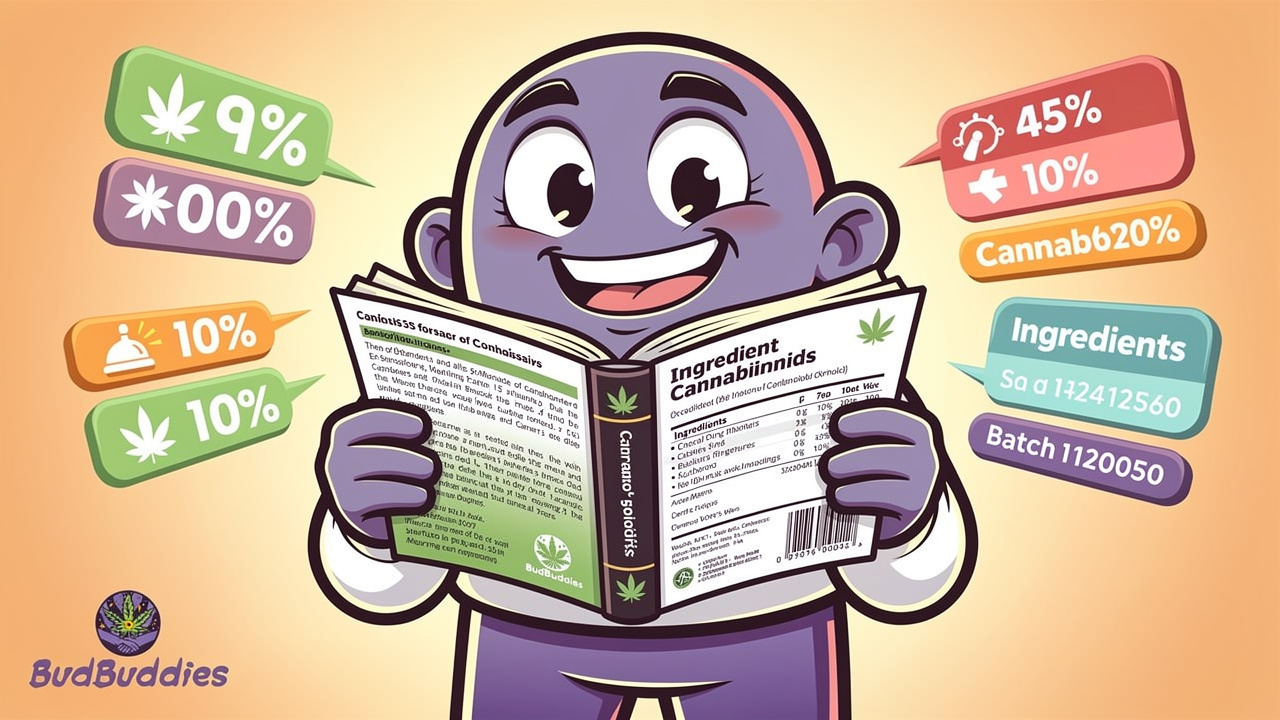 Cartoon figure examining detailed cannabis product label information