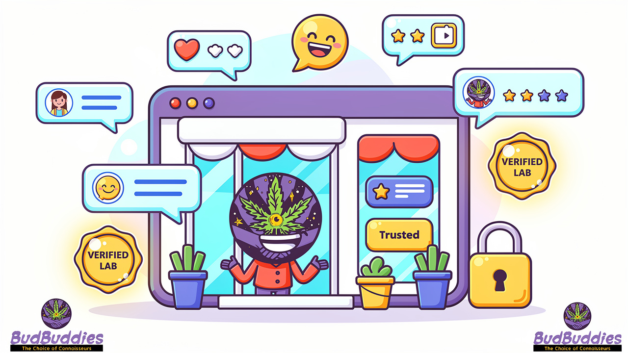 Cartoon illustration of a reliable cannabis strain database with trust indicators