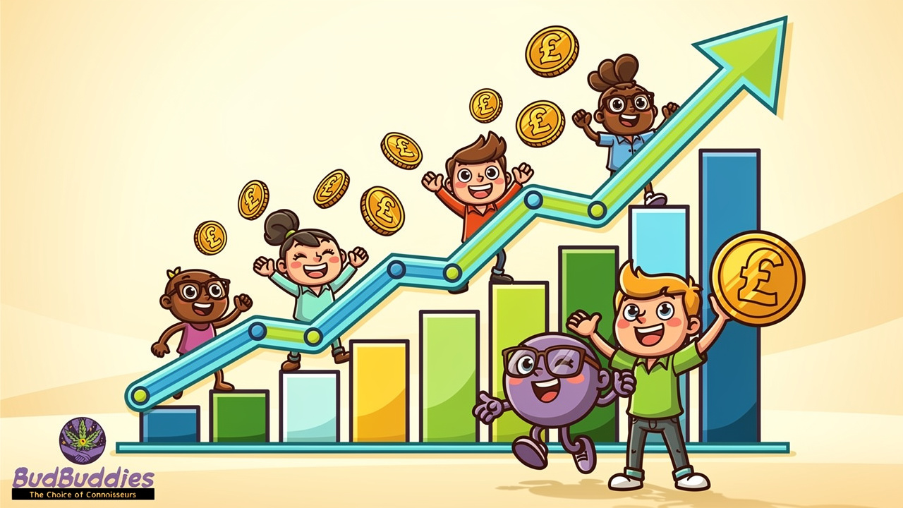 Cartoon growth chart showing market expansion with celebratory animated characters