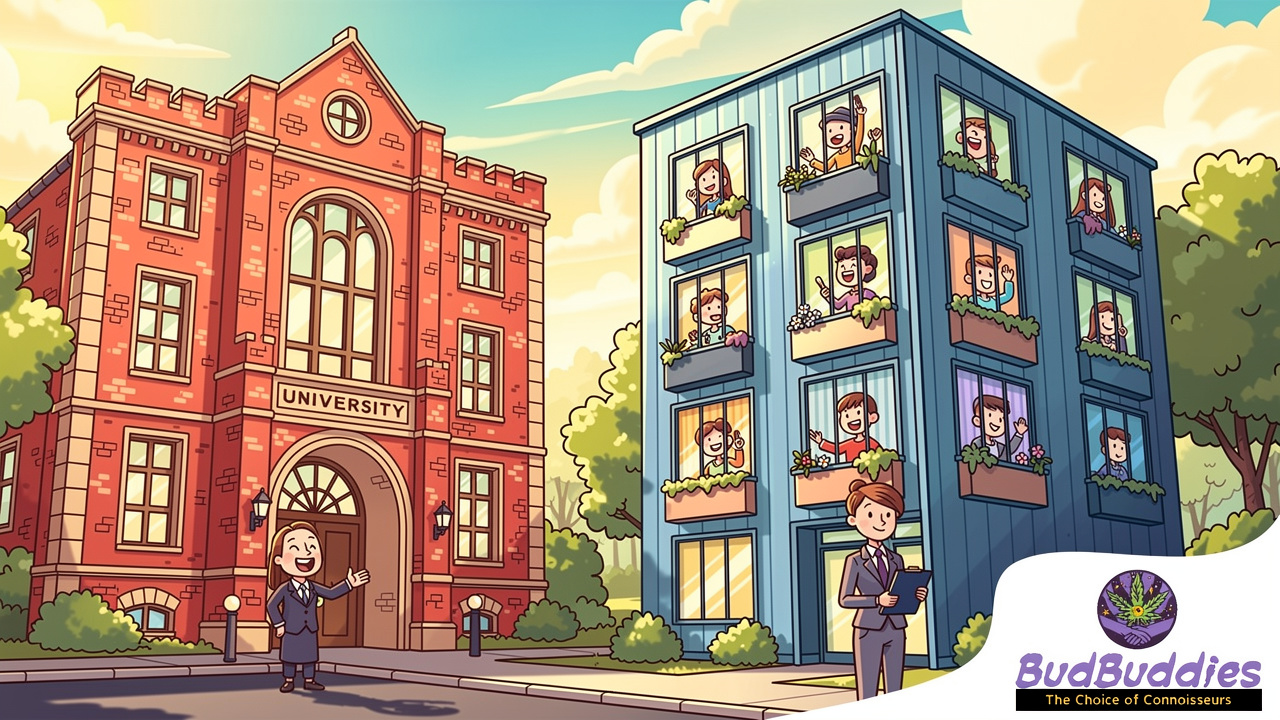 Cartoon comparing university halls and private student accommodation buildings