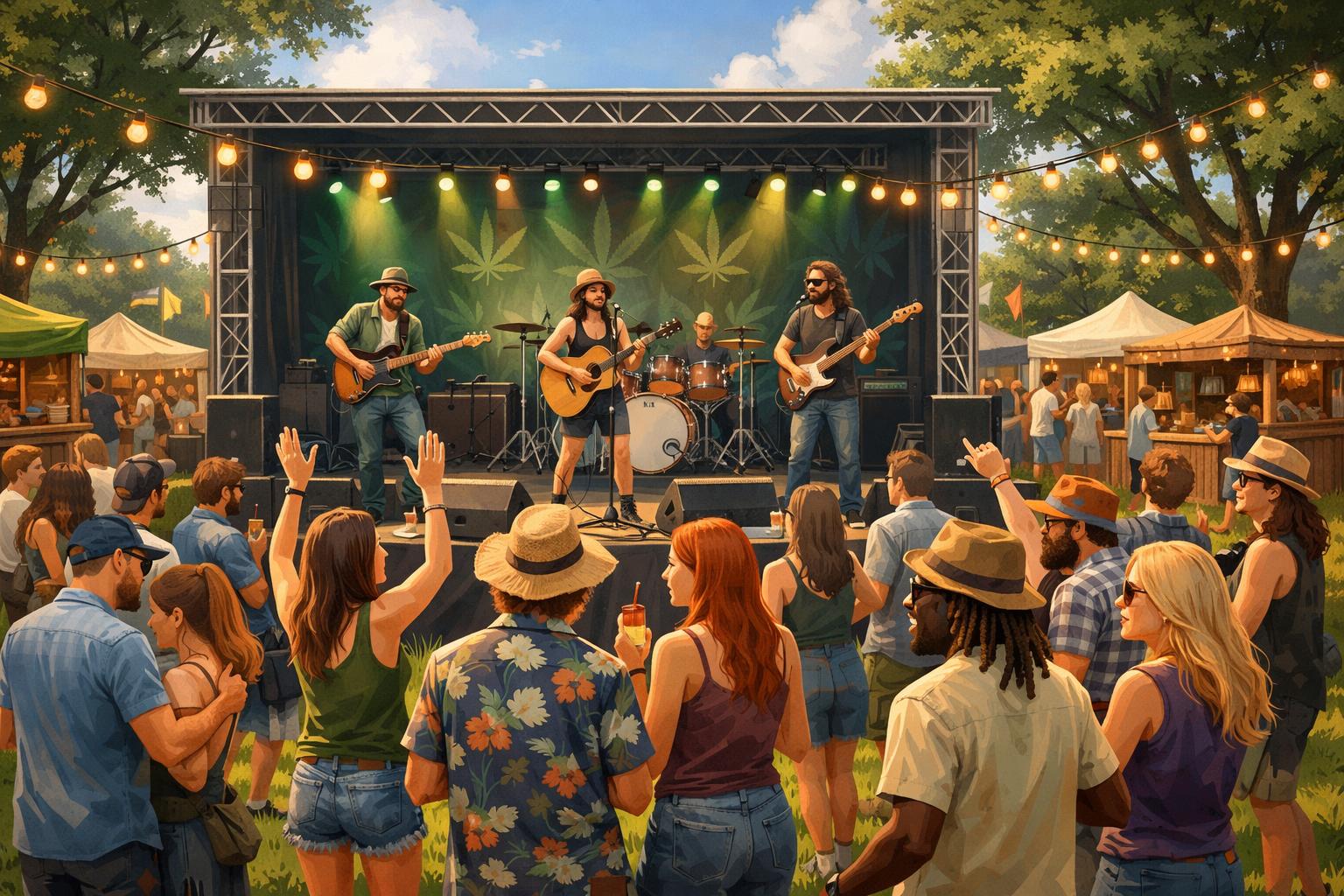 A crowd enjoying a live outdoor music event in a park with musicians playing on stage and people dancing and socialising under string lights.