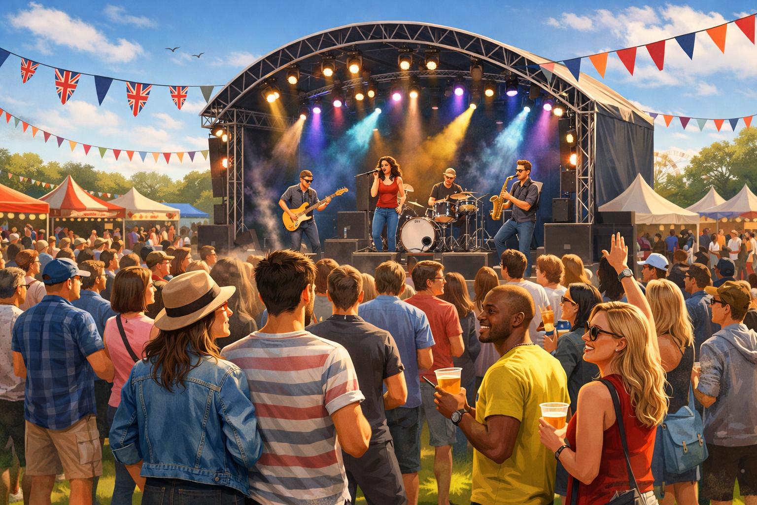 A lively outdoor music event in the UK with a crowd enjoying live performances on a large stage in a festival setting.