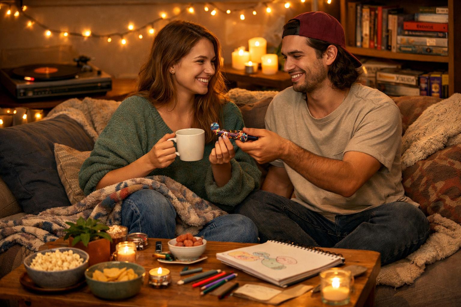 A young couple sitting on a sofa at home, surrounded by cushions, snacks, and artistic items, enjoying a relaxed and cosy evening together.