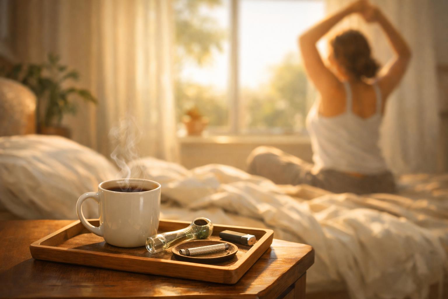 A person waking up in a sunlit bedroom with a cup of coffee and a small glass pipe on a bedside table.