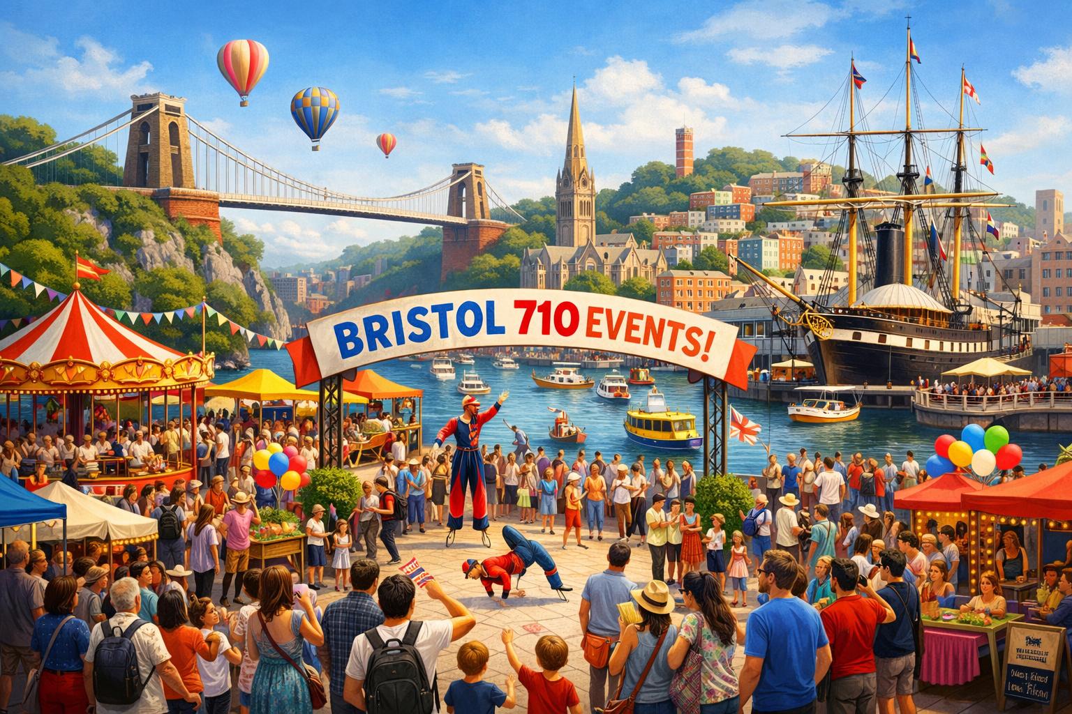 A lively scene showing a crowd gathered near Bristol landmarks during a large public event.