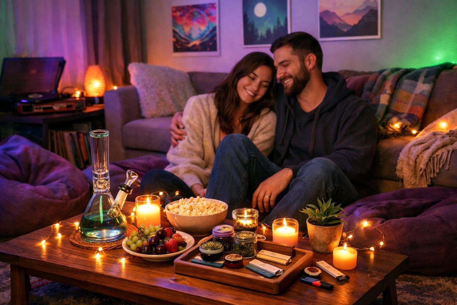 A couple sitting comfortably in a softly lit living room with a coffee table holding snacks and smoking accessories, surrounded by cosy seating and colourful ambient lighting.